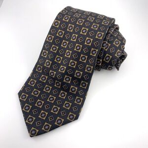 Trussini Cravatte Mens Tie Black & Gold Geometric Repp 100% Silk Necktie